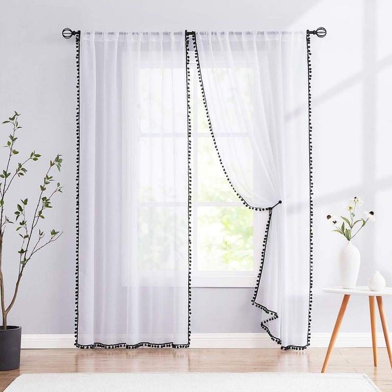 Treatmentex Black and White Sheer Curtains for Living Room 95" Long Linen Curtain Draperies for Nursery Room Decorative Pompom Voiles 2 Panels - Image 1